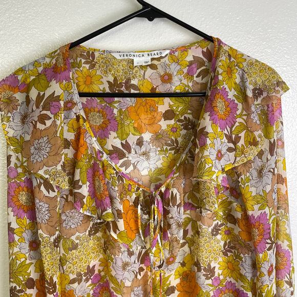 Veronica Beard Kitt Floral Silk Blouse Womens Size 2 Yellow Tie Neck Ruffle - Picture 3 of 11